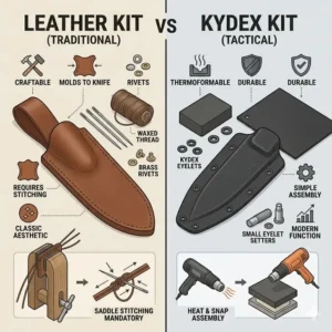 A visual comparison between traditional leather and tactical Kydex knife sheath kits for different environments. 