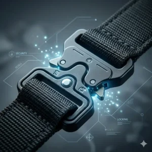 Detailed view of the heavy-duty triple-lock quick-release buckle on a security duty belt.