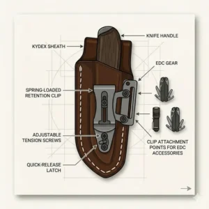 Illustration demonstrating the secure retention clip on a Kydex fixed blade pocket sheath.