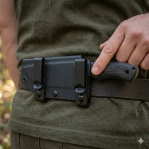 Tactical black Kydex fixed blade horizontal knife sheath with adjustable belt clips for outdoor use.