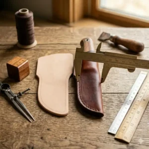 Illustration showing how to measure a fixed blade knife to fit a template from a leather knife sheath kit.