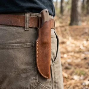 A professional fixed blade leather sheath securely attached to a person's belt.