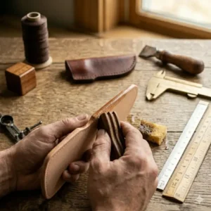 Using a wood slicker from a leather knife sheath kit to burnish edges for a smooth finish.