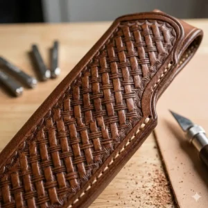 Detailed basketweave tooling pattern on a custom fixed blade leather sheath.