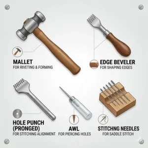 An educational graphic showcasing the specific hand tools required to complete various knife sheath kits.
