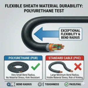 An illustration showing the exceptional flexibility and tight bend radius of polyurethane sheath material.