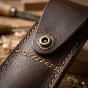 Close-up of the reinforced stitching and brass snap on a leather knife pouch.