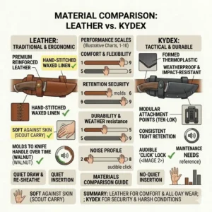 Illustration 4: A side-by-side material comparison between Kydex and leather horizontal knife sheaths.