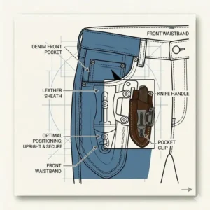 Line art showing the optimal positioning of a fixed blade pocket sheath in a front pants pocket.