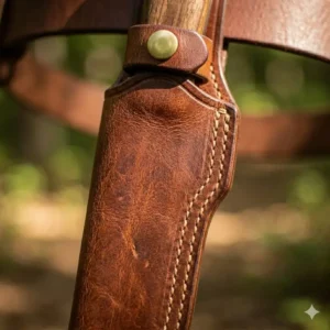 Close-up of the secure snap button on a leather knife holster to prevent the blade from falling.
