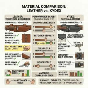 Step-by-step diagram of the quick-draw and re-sheathing mechanics for horizontal knife sheaths.