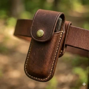 A compact leather knife holster designed specifically for a pocket-sized folding knife.