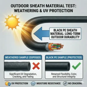 A graphic showing the long-term outdoor durability of black polyethylene sheath material against UV degradation.