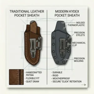 Comparison illustration between a leather fixed blade pocket sheath and a modern Kydex version.