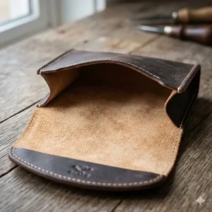 The soft interior lining of a leather knife pouch designed to protect blades from scratches.