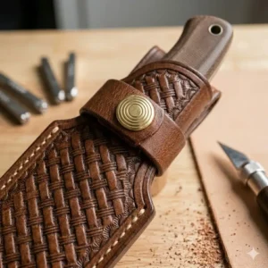 Heavy-duty brass snap closure on a protective fixed blade leather sheath.