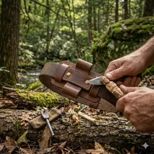 A rugged fixed blade horizontal knife sheath being used in a forest setting for bushcraft activities.