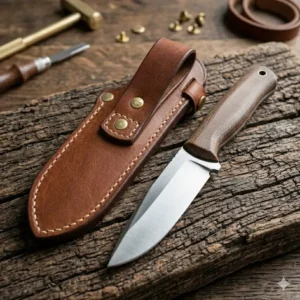 An outdoor fixed blade leather sheath placed next to a survival knife for scale.