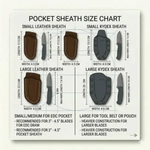 A size guide illustration comparing different fixed blade pocket sheath scales against common pocket knives.