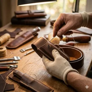 An artisan stitching a custom leather knife holster by hand using professional tools.