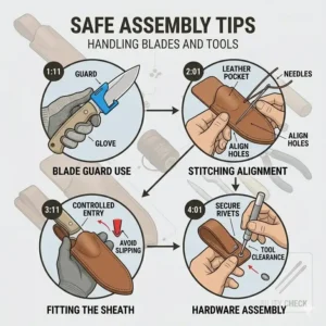 Safety instructions and proper tool handling techniques for builders working on their knife sheath kits.