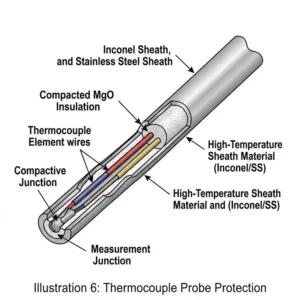 A technical drawing of a high-temperature sensor using stainless steel as the primary sheath material.