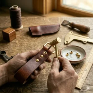 Detailed view of installing hardware using tools from a leather knife sheath kit.