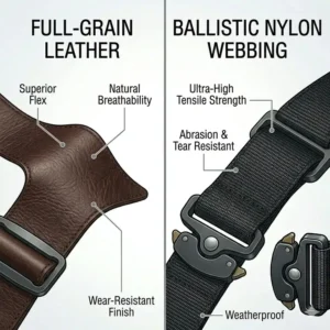 Side-by-side comparison of ballistic nylon and full-grain leather security belts showcasing tear resistance and flexibility.