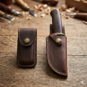 A comparison of small and large leather knife pouch models for different blade sizes.
