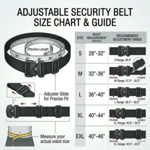 Infographic demonstrating how to properly measure waist size for adjustable security belts to ensure a secure fit.