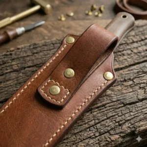 Rear view highlighting the reinforced belt loop of a fixed blade leather sheath.
