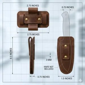 Measurement diagram showing the compact profile and dimensions of a fixed blade horizontal knife sheath.