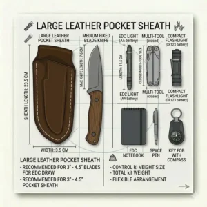 Flat lay illustration of an everyday carry kit featuring a flashlight, pen, and a fixed blade pocket sheath.