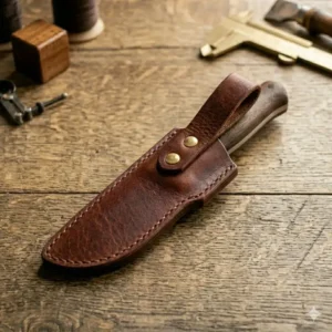 A completed handmade sheath made from a DIY leather knife sheath kit attached to a belt.