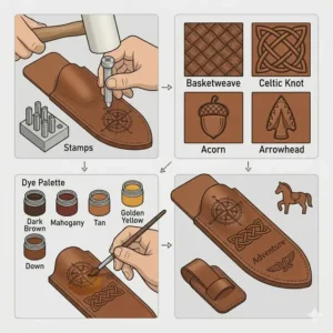 Creative illustration of artistic stamping and dyeing techniques used to personalize custom knife sheath kits.