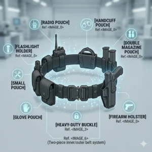 Top-down layout diagram displaying the standard equipment placement on a professional security duty belt.