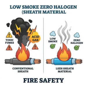 An informative illustration of LSZH sheath material preventing toxic smoke release during a fire safety test.