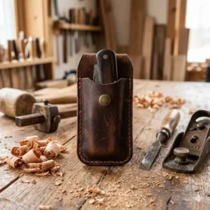 A leather knife pouch placed next to woodworking tools and shavings in a workshop.