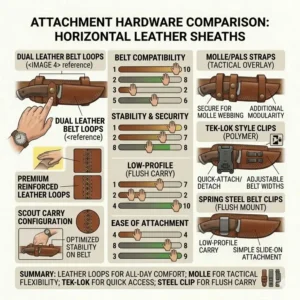 Illustration 7: Detailed breakdown of the retention straps and safety locking systems used in horizontal knife sheaths.