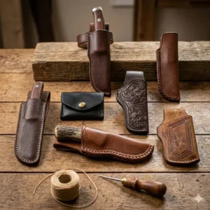 A collection of different styles and colors of a leather knife holster displayed on a wooden table.