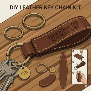 2-An illustrative step-by-step guide for making a DIY leather key chain.