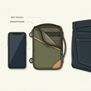 An illustration comparing the pocket-sized dimensions of a compact edc pouch next to a smartphone and a standard pant pocket for scale.