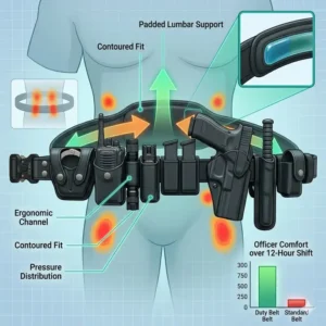 Illustration showing the ergonomic design of a police duty belt with padded lumbar support to reduce back strain.