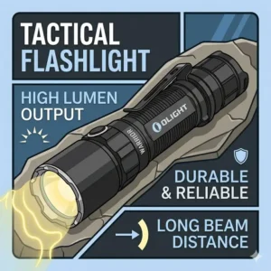 A technical diagram showing the high lumen output and long beam distance of the olight warrior.