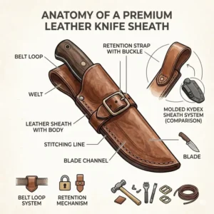 A technical diagram labeling the different parts and construction of professional knife sheaths.