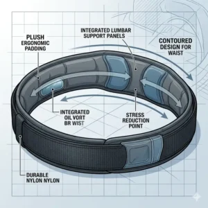 Detailed diagram of the ergonomic padding and lumbar support on a heavy-duty security officer belt.