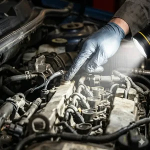 Hands-free mechanic flashlight with a strong magnetic base attached to a vehicle's steel frame.