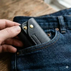 A compact leather key holder being easily slipped into a tight front pocket without bulk.