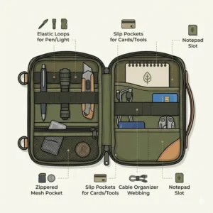 Illustration highlighting the internal organization of an edc pouch, including elastic web loops, zippered slots, and mesh pockets.