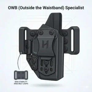 Technical view of OWB holster clips designed for maximum stability on duty belts.
